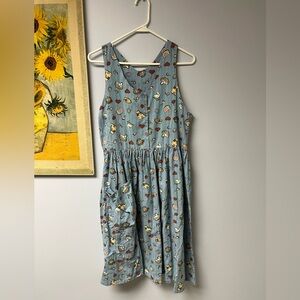 Vintage cat, chicken, watermelon, cherry Floral Blue Sleeveless Dress